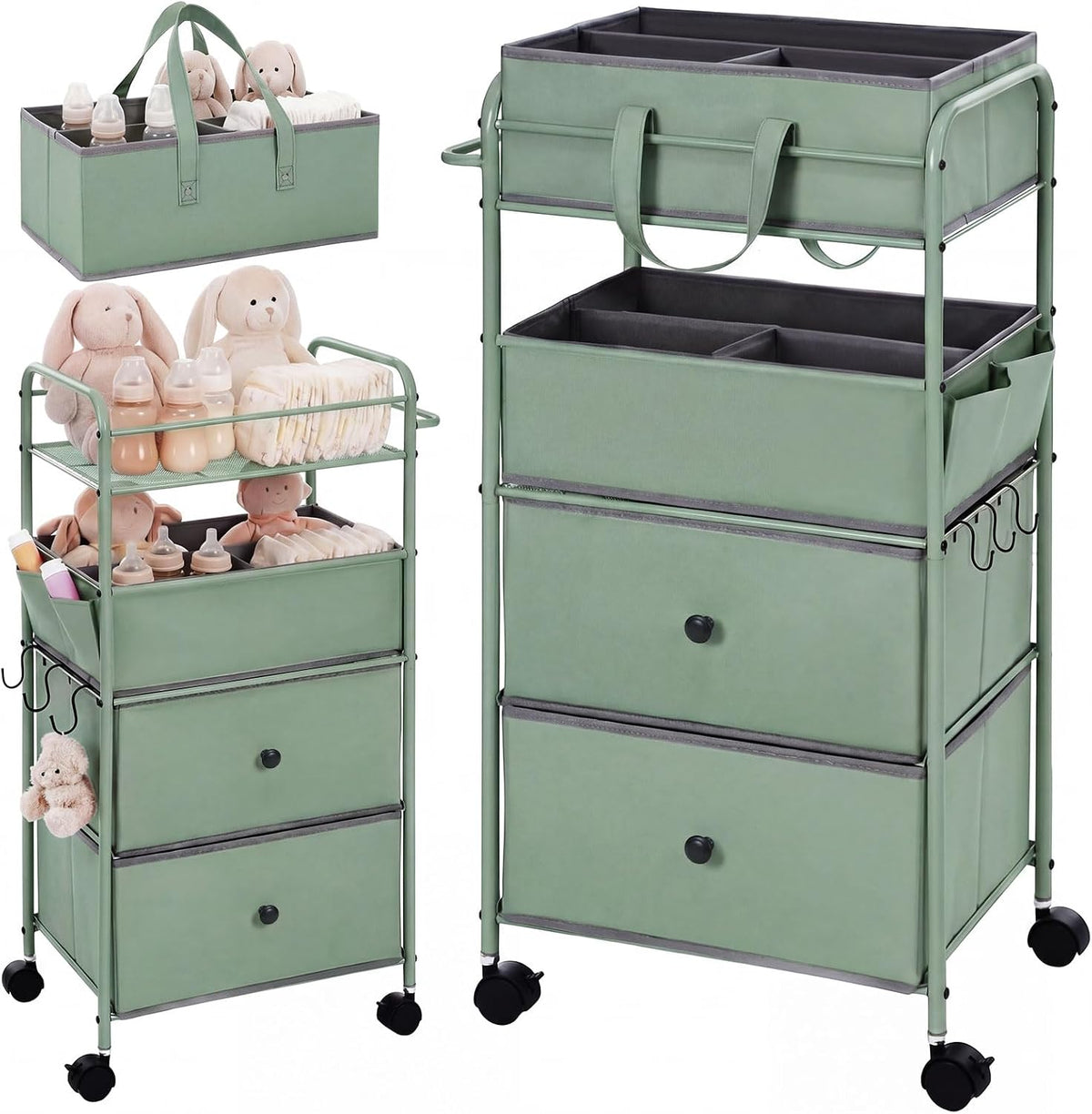 3In1 Baby Diaper Caddy Organizer Cart 4 Tier Large Capacity Metal Utility Bedside Rolling Cart with Divider Newborn Registry Nursery Essential Must Have Bedroom Gift Baby Shower(Gray)