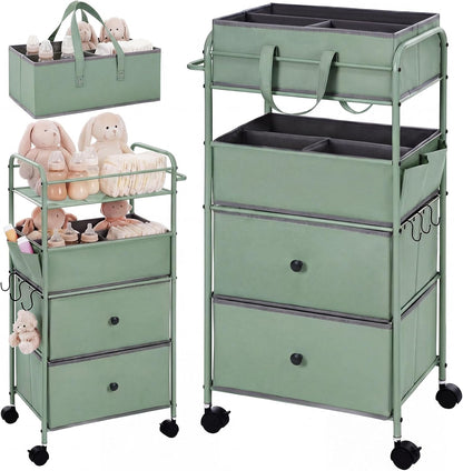 3In1 Baby Diaper Caddy Organizer Cart 4 Tier Large Capacity Metal Utility Bedside Rolling Cart with Divider Newborn Registry Nursery Essential Must Have Bedroom Gift Baby Shower(Gray)