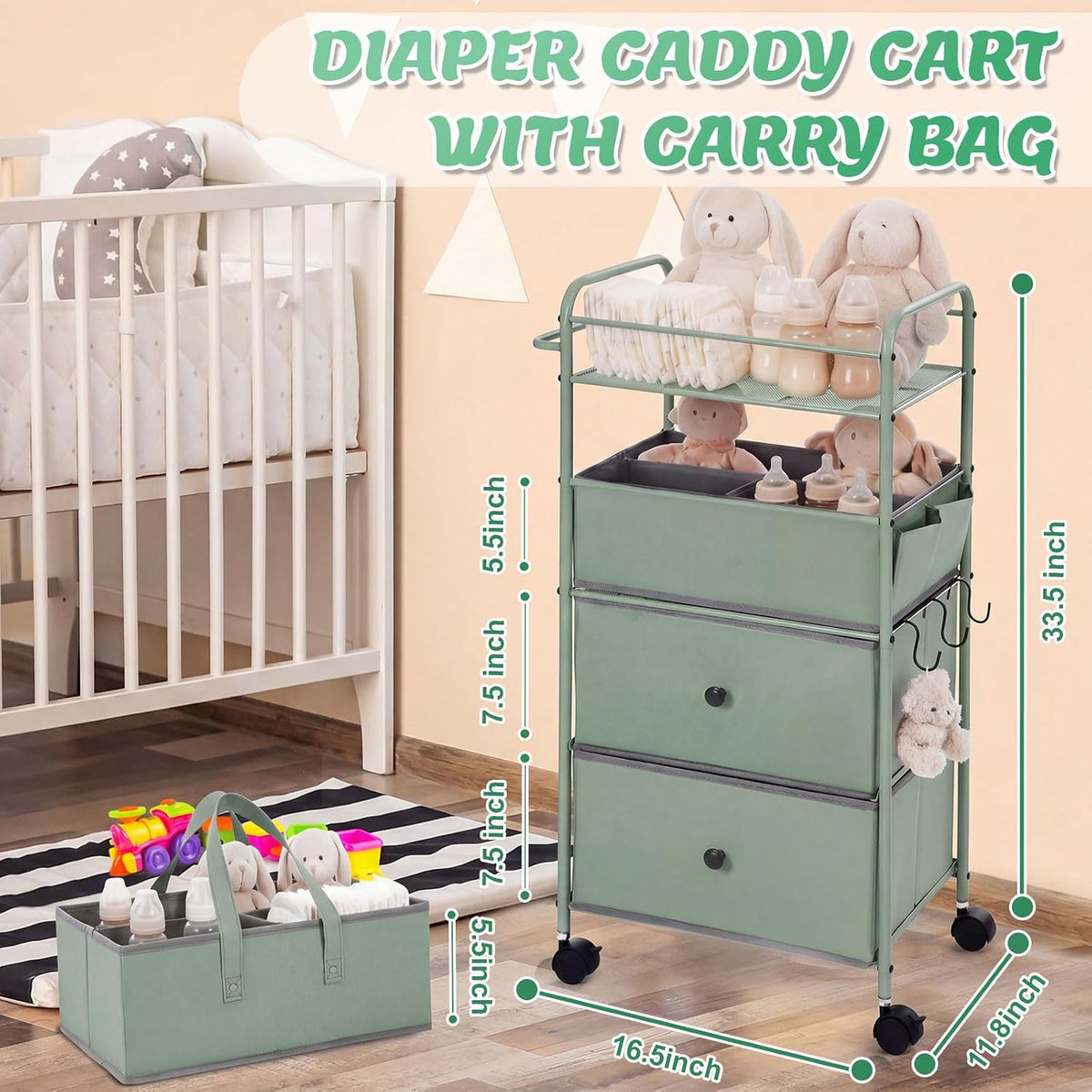 3In1 Baby Diaper Caddy Organizer Cart 4 Tier Large Capacity Metal Utility Bedside Rolling Cart with Divider Newborn Registry Nursery Essential Must Have Bedroom Gift Baby Shower(Gray)