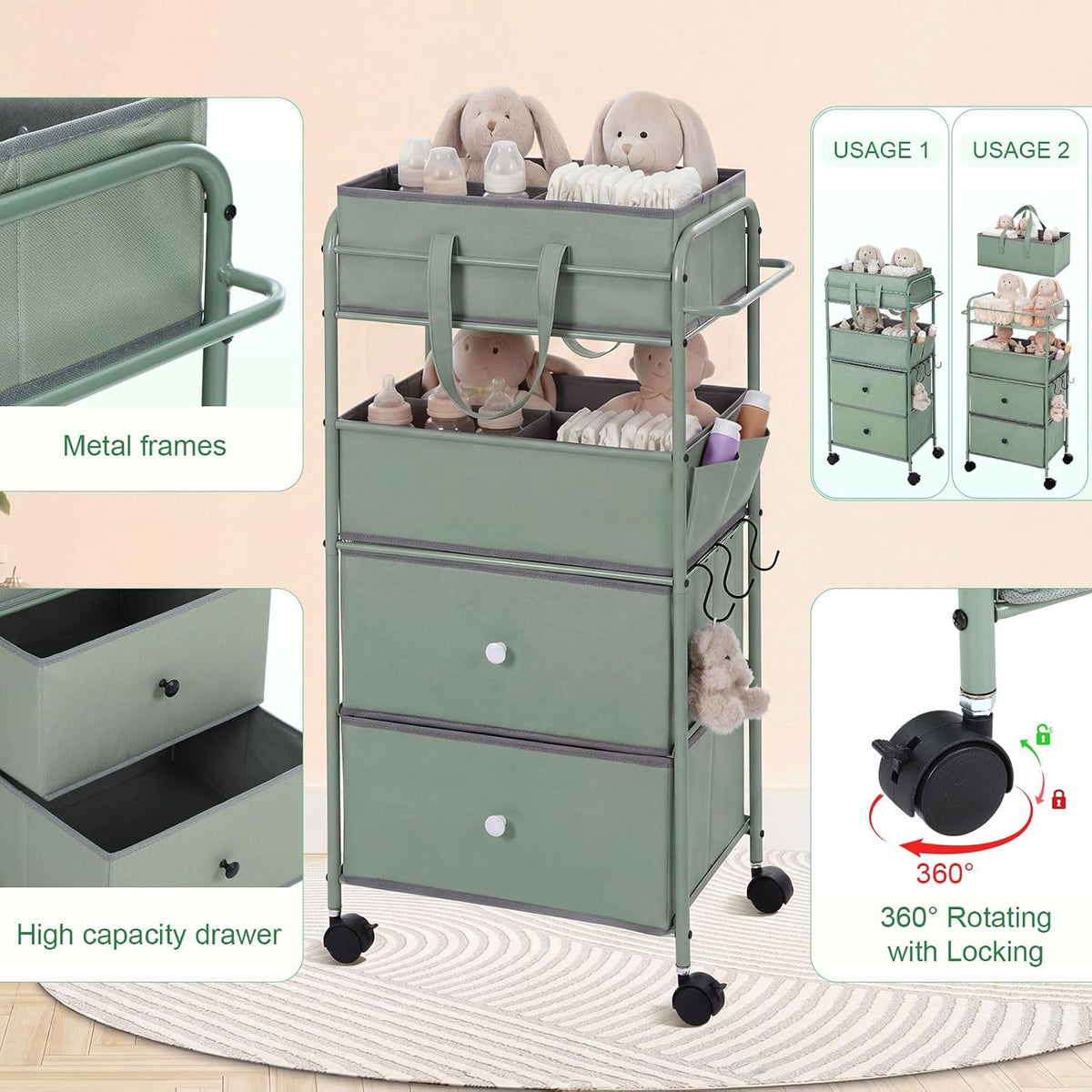 3In1 Baby Diaper Caddy Organizer Cart 4 Tier Large Capacity Metal Utility Bedside Rolling Cart with Divider Newborn Registry Nursery Essential Must Have Bedroom Gift Baby Shower(Gray)