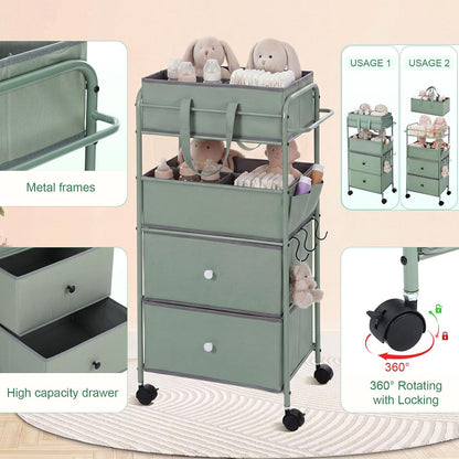3In1 Baby Diaper Caddy Organizer Cart 4 Tier Large Capacity Metal Utility Bedside Rolling Cart with Divider Newborn Registry Nursery Essential Must Have Bedroom Gift Baby Shower(Gray)