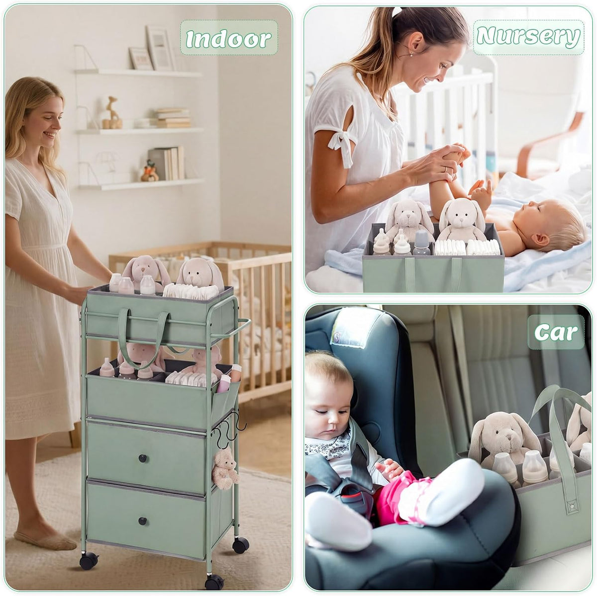 3In1 Baby Diaper Caddy Organizer Cart 4 Tier Large Capacity Metal Utility Bedside Rolling Cart with Divider Newborn Registry Nursery Essential Must Have Bedroom Gift Baby Shower(Gray)