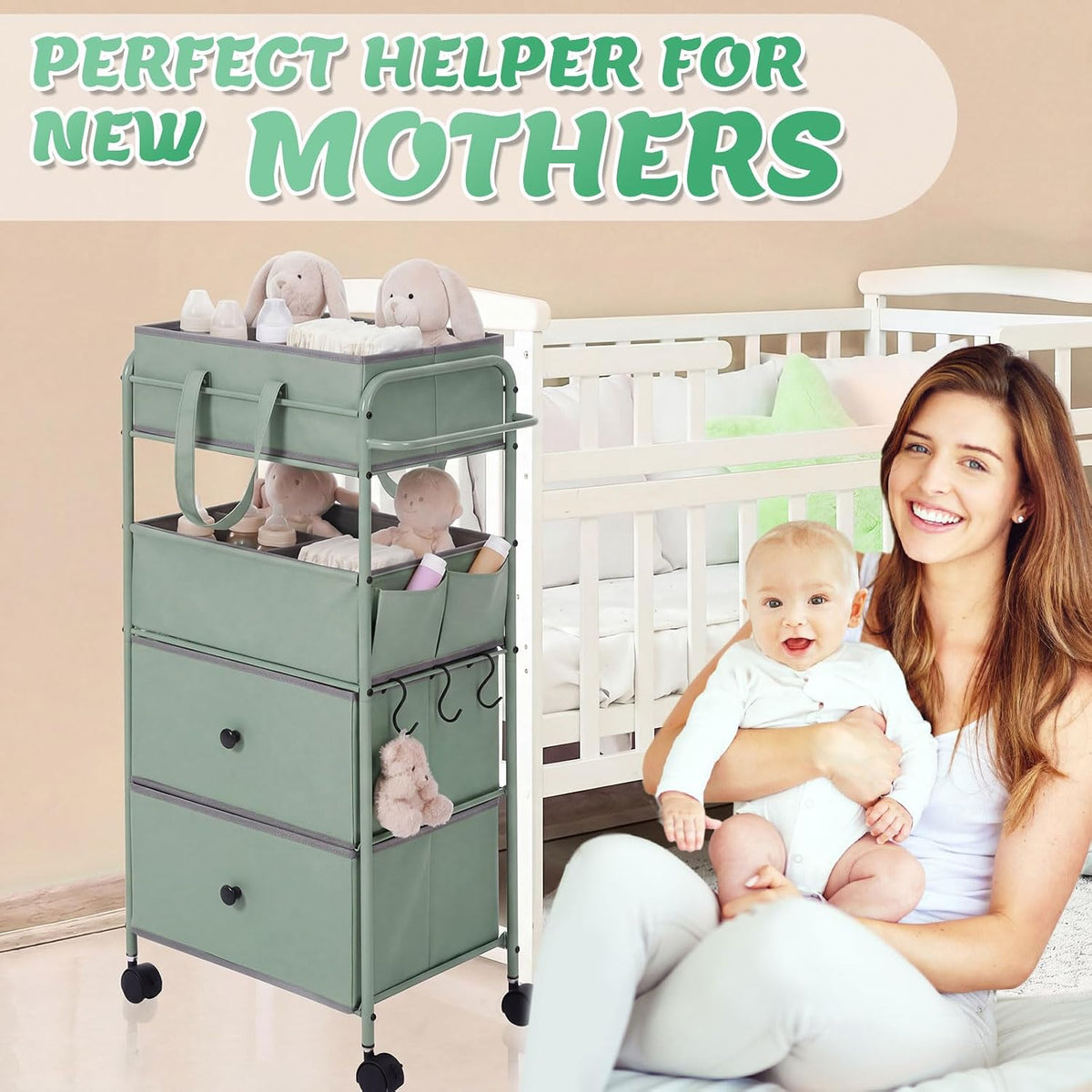 3In1 Baby Diaper Caddy Organizer Cart 4 Tier Large Capacity Metal Utility Bedside Rolling Cart with Divider Newborn Registry Nursery Essential Must Have Bedroom Gift Baby Shower(Gray)