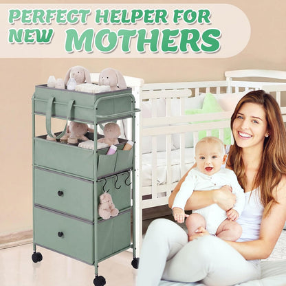3In1 Baby Diaper Caddy Organizer Cart 4 Tier Large Capacity Metal Utility Bedside Rolling Cart with Divider Newborn Registry Nursery Essential Must Have Bedroom Gift Baby Shower(Gray)