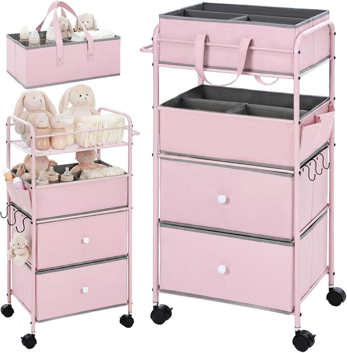 3In1 Baby Diaper Caddy Organizer Cart 4 Tier Large Capacity Metal Utility Bedside Rolling Cart with Divider Newborn Registry Nursery Essential Must Have Bedroom Gift Baby Shower(Gray)