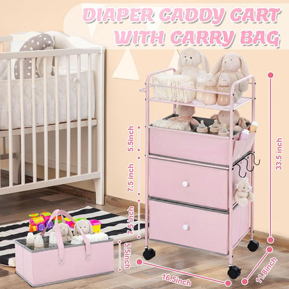 3In1 Baby Diaper Caddy Organizer Cart 4 Tier Large Capacity Metal Utility Bedside Rolling Cart with Divider Newborn Registry Nursery Essential Must Have Bedroom Gift Baby Shower(Gray)