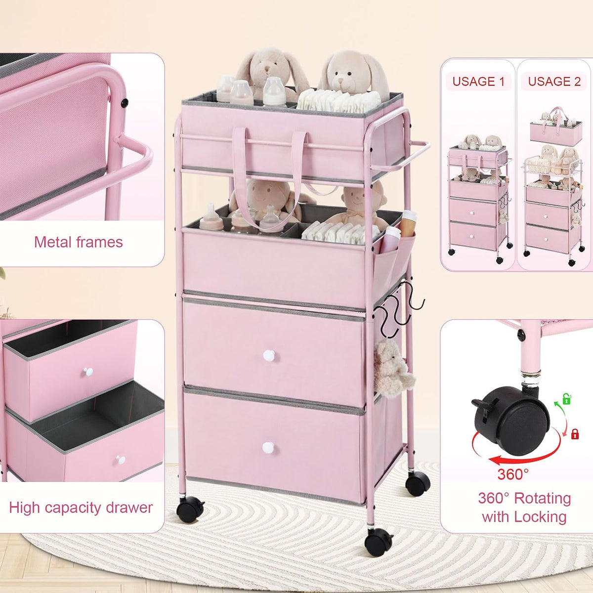 3In1 Baby Diaper Caddy Organizer Cart 4 Tier Large Capacity Metal Utility Bedside Rolling Cart with Divider Newborn Registry Nursery Essential Must Have Bedroom Gift Baby Shower(Gray)