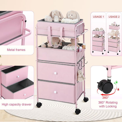 3In1 Baby Diaper Caddy Organizer Cart 4 Tier Large Capacity Metal Utility Bedside Rolling Cart with Divider Newborn Registry Nursery Essential Must Have Bedroom Gift Baby Shower(Gray)