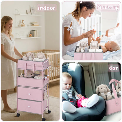 3In1 Baby Diaper Caddy Organizer Cart 4 Tier Large Capacity Metal Utility Bedside Rolling Cart with Divider Newborn Registry Nursery Essential Must Have Bedroom Gift Baby Shower(Gray)