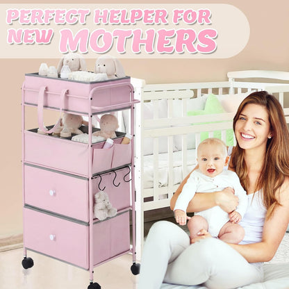3In1 Baby Diaper Caddy Organizer Cart 4 Tier Large Capacity Metal Utility Bedside Rolling Cart with Divider Newborn Registry Nursery Essential Must Have Bedroom Gift Baby Shower(Gray)