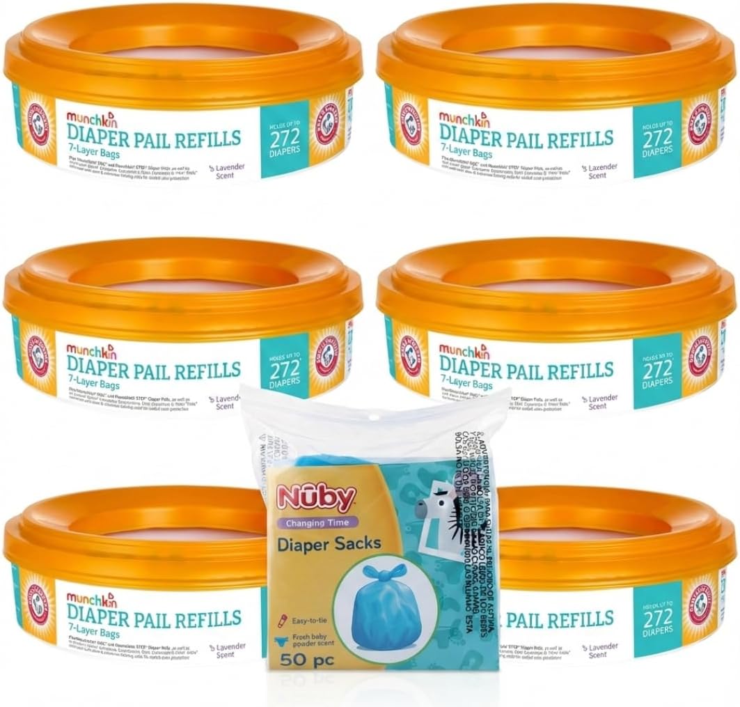 6 A&H Diaper Pail Refill Rings, Each Holds up to 272 Newborn Diapers (6 Pack) + Nuby Diaper Sacks, 50 Count – Odor Control Disposal Bags