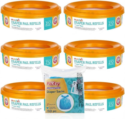 6 A&H Diaper Pail Refill Rings, Each Holds up to 272 Newborn Diapers (6 Pack) + Nuby Diaper Sacks, 50 Count – Odor Control Disposal Bags