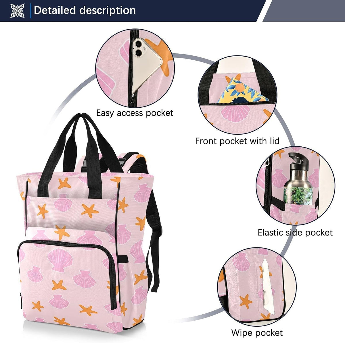 Diaper Bag Backpack, Multifunction Travel Bag for Moms Dads, Baby Changing Bag with Insulted Pockets, Stroller Straps and Side Bottle Pockets Blush Shell Pattern
