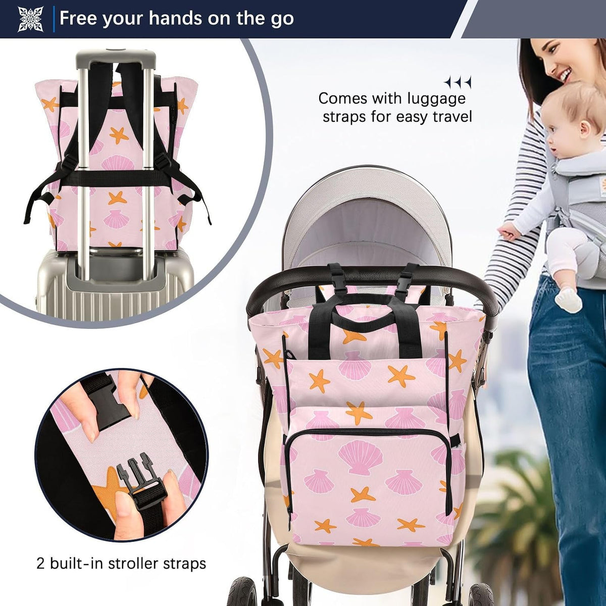 Diaper Bag Backpack, Multifunction Travel Bag for Moms Dads, Baby Changing Bag with Insulted Pockets, Stroller Straps and Side Bottle Pockets Blush Shell Pattern