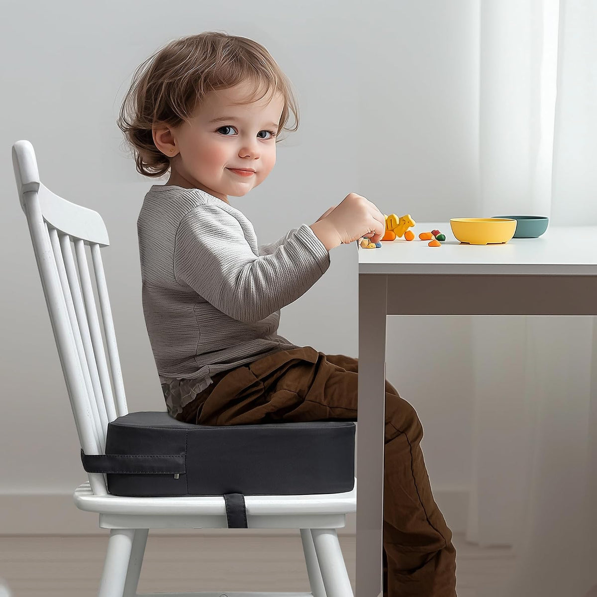 Toddler Booster Seat for Dining Table, Waterproof Kids Booster Seat for Kitchen Chair, High Density Foam Cushion with Non-Slip Bottom, Washable Cover & Adjustable Straps (Dark Grey)
