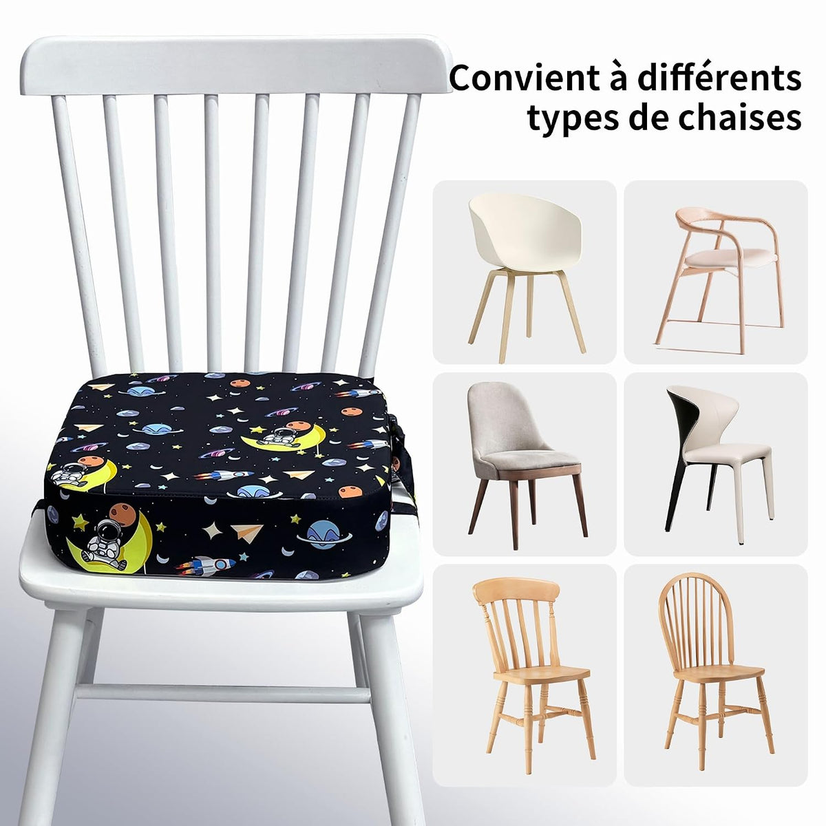 Toddler Booster Seat for Dining Table, Waterproof Kids Booster Seat for Kitchen Chair, High Density Foam Cushion with Non-Slip Bottom, Washable Cover & Adjustable Straps (Dark Grey)
