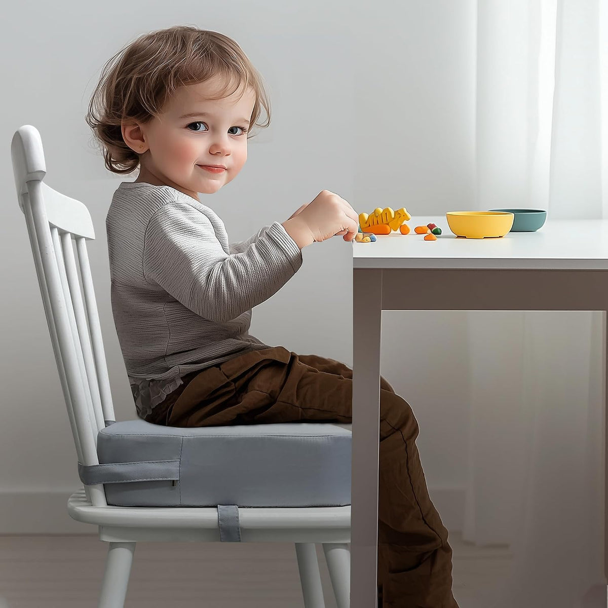 Toddler Booster Seat for Dining Table, Waterproof Kids Booster Seat for Kitchen Chair, High Density Foam Cushion with Non-Slip Bottom, Washable Cover & Adjustable Straps (Dark Grey)