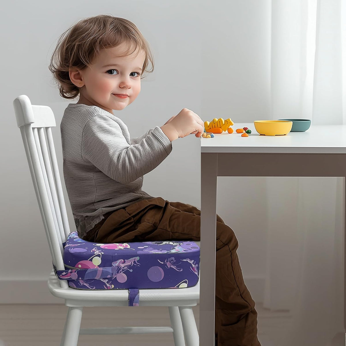 Toddler Booster Seat for Dining Table, Waterproof Kids Booster Seat for Kitchen Chair, High Density Foam Cushion with Non-Slip Bottom, Washable Cover & Adjustable Straps (Dark Grey)