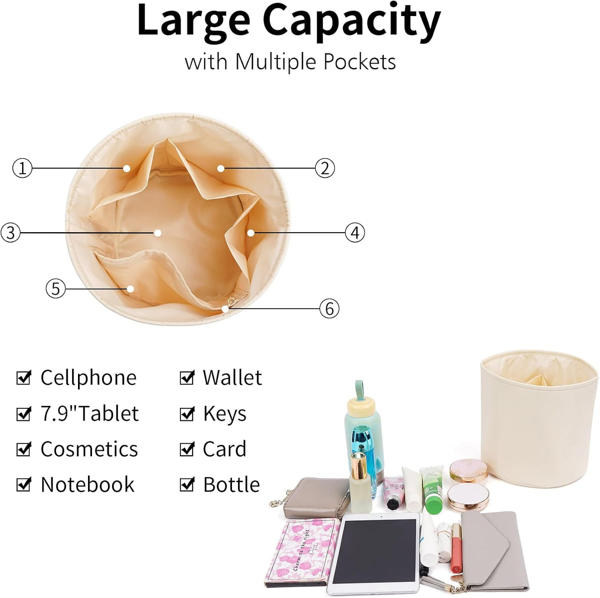 Purse Organizer Insert Nylon Round Bucket Bag Organizer for Handbag Small Tote Dividers Insert (Beige)