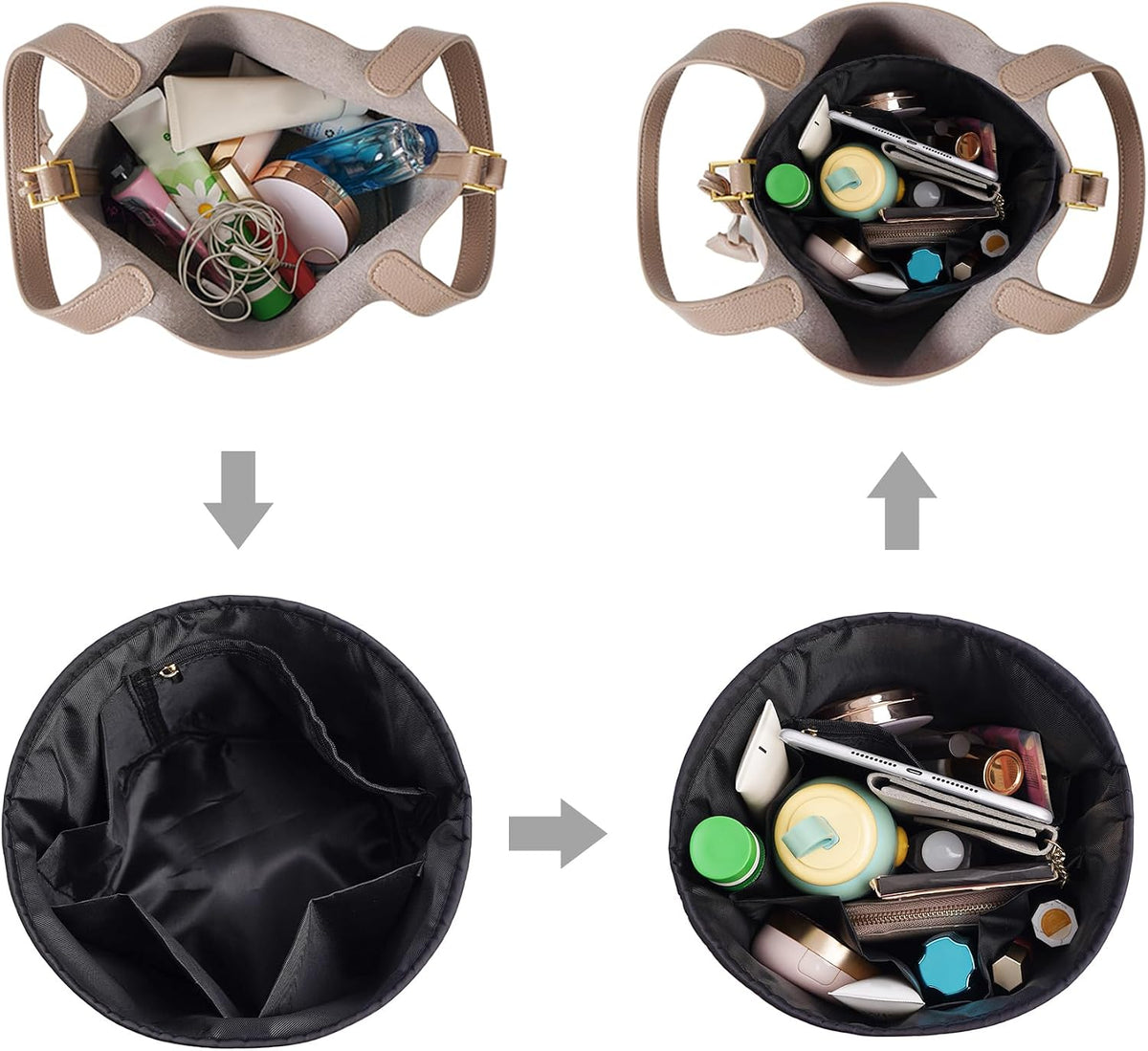Purse Organizer Insert Nylon Round Bucket Bag Organizer for Handbag Small Tote Dividers Insert (Beige)