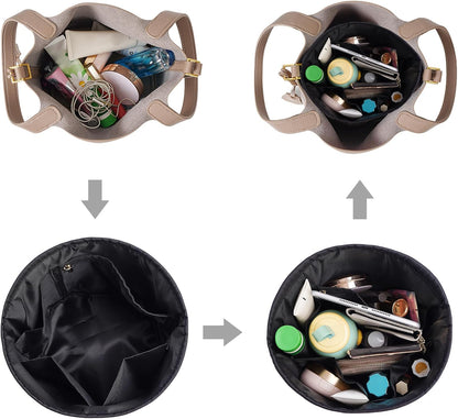 Purse Organizer Insert Nylon Round Bucket Bag Organizer for Handbag Small Tote Dividers Insert (Beige)