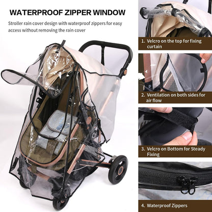 Stroller Rain Cover, Universal Rain Cover for Stroller with Waterproof Zipper, Clear Travel Weather Shield for Baby 4 Season Protection, Rainy Wind Snow Dust (XL, U-Shape Zipper)