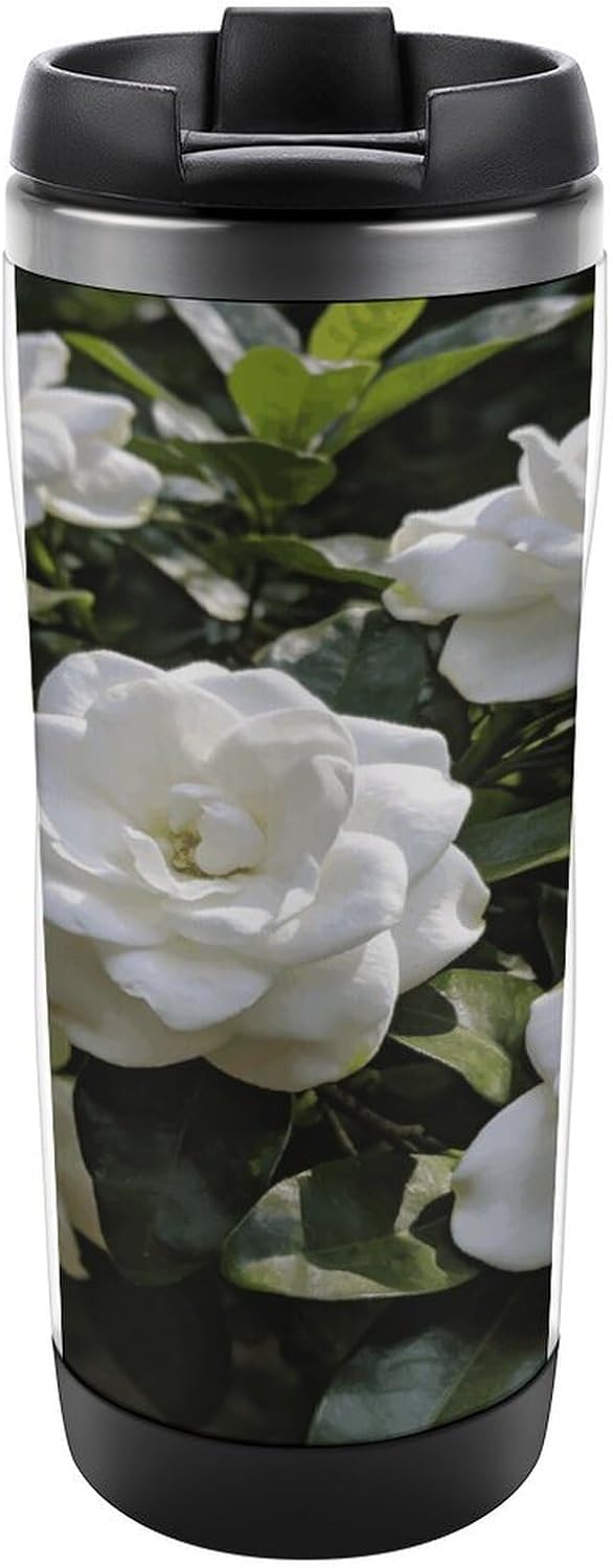13oz Insulated Travel Coffee Mug Reusable Coffee Cup Water Bottle | Gardenia Blooming Travel Mug with Leak Proof Lid Double Wall Stainless Steel Coffee Tumbler Personalized Gift