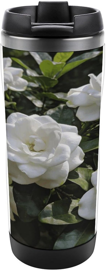 13oz Insulated Travel Coffee Mug Reusable Coffee Cup Water Bottle | Gardenia Blooming Travel Mug with Leak Proof Lid Double Wall Stainless Steel Coffee Tumbler Personalized Gift