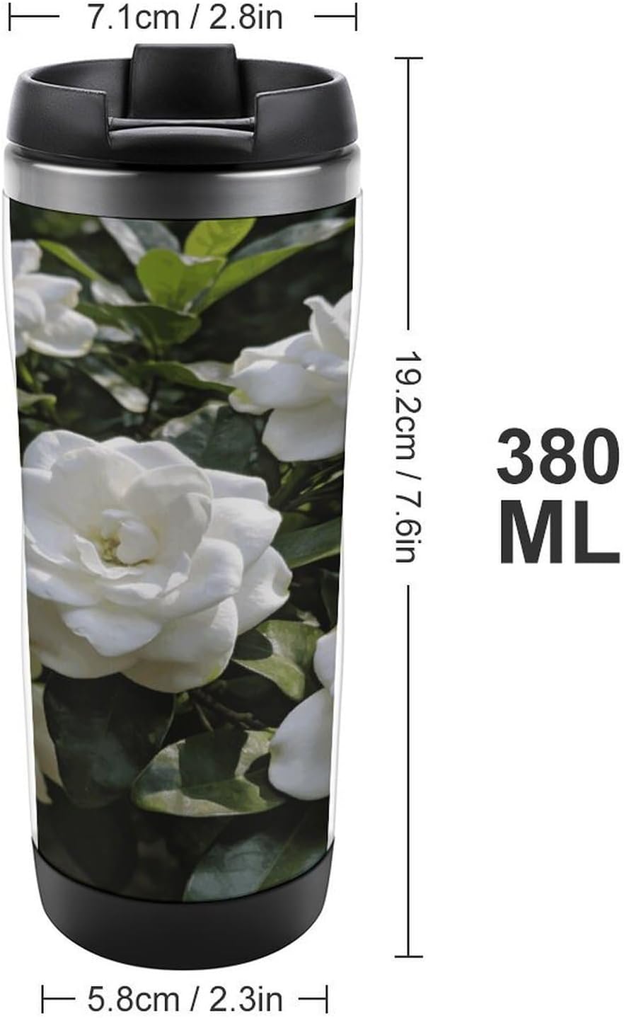 13oz Insulated Travel Coffee Mug Reusable Coffee Cup Water Bottle | Gardenia Blooming Travel Mug with Leak Proof Lid Double Wall Stainless Steel Coffee Tumbler Personalized Gift