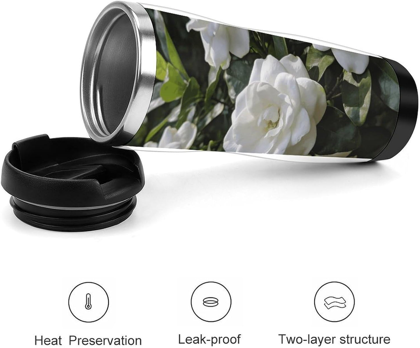13oz Insulated Travel Coffee Mug Reusable Coffee Cup Water Bottle | Gardenia Blooming Travel Mug with Leak Proof Lid Double Wall Stainless Steel Coffee Tumbler Personalized Gift