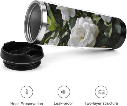 13oz Insulated Travel Coffee Mug Reusable Coffee Cup Water Bottle | Gardenia Blooming Travel Mug with Leak Proof Lid Double Wall Stainless Steel Coffee Tumbler Personalized Gift