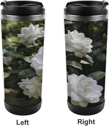 13oz Insulated Travel Coffee Mug Reusable Coffee Cup Water Bottle | Gardenia Blooming Travel Mug with Leak Proof Lid Double Wall Stainless Steel Coffee Tumbler Personalized Gift