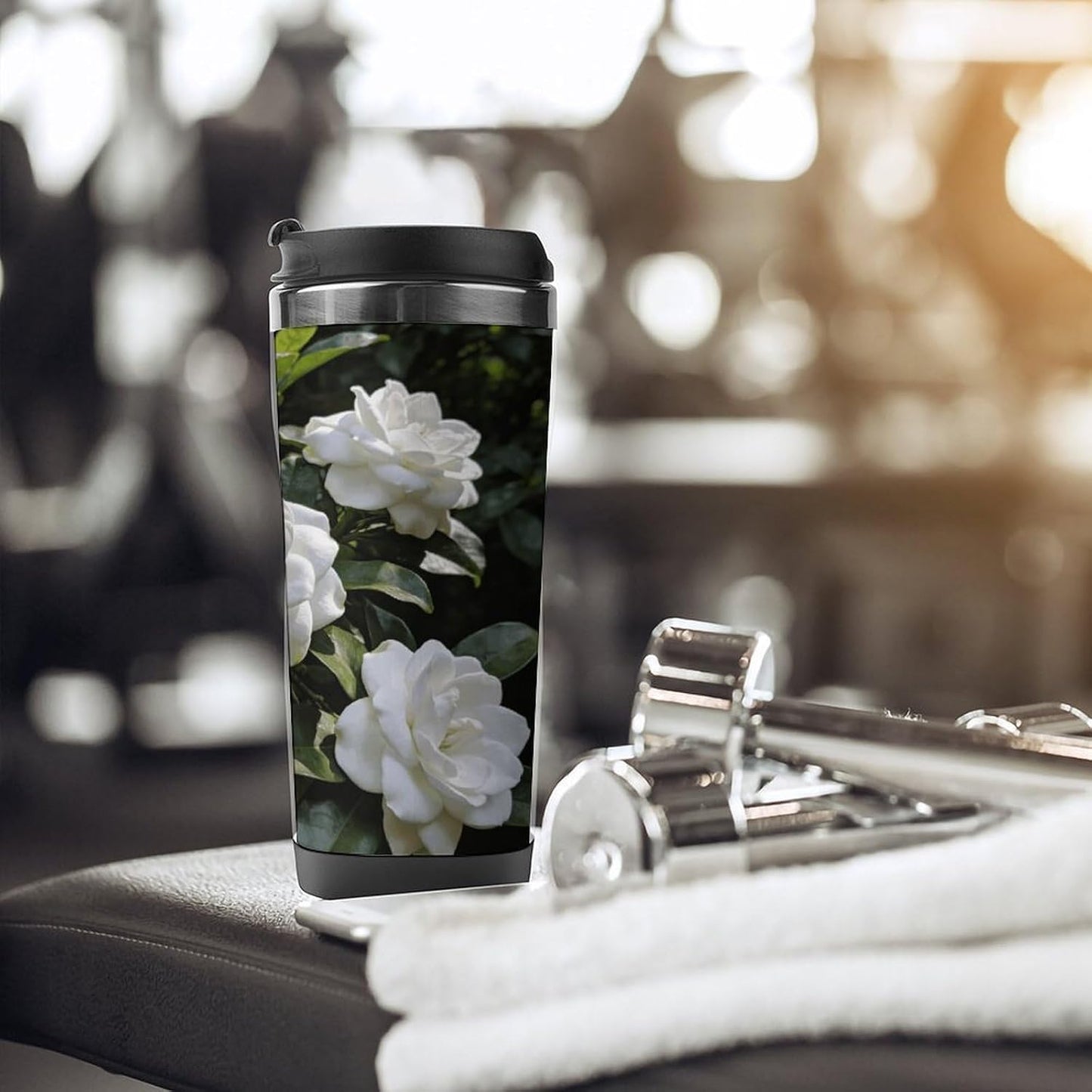 13oz Insulated Travel Coffee Mug Reusable Coffee Cup Water Bottle | Gardenia Blooming Travel Mug with Leak Proof Lid Double Wall Stainless Steel Coffee Tumbler Personalized Gift