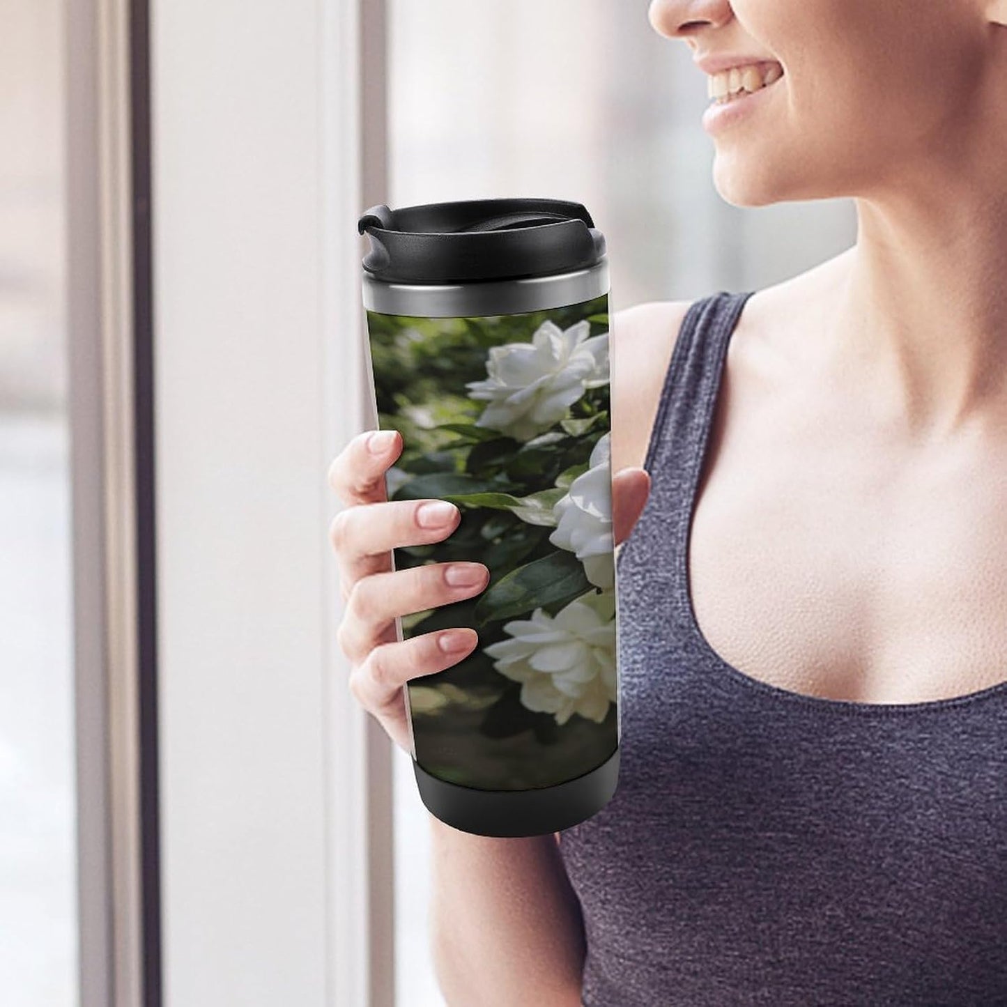 13oz Insulated Travel Coffee Mug Reusable Coffee Cup Water Bottle | Gardenia Blooming Travel Mug with Leak Proof Lid Double Wall Stainless Steel Coffee Tumbler Personalized Gift