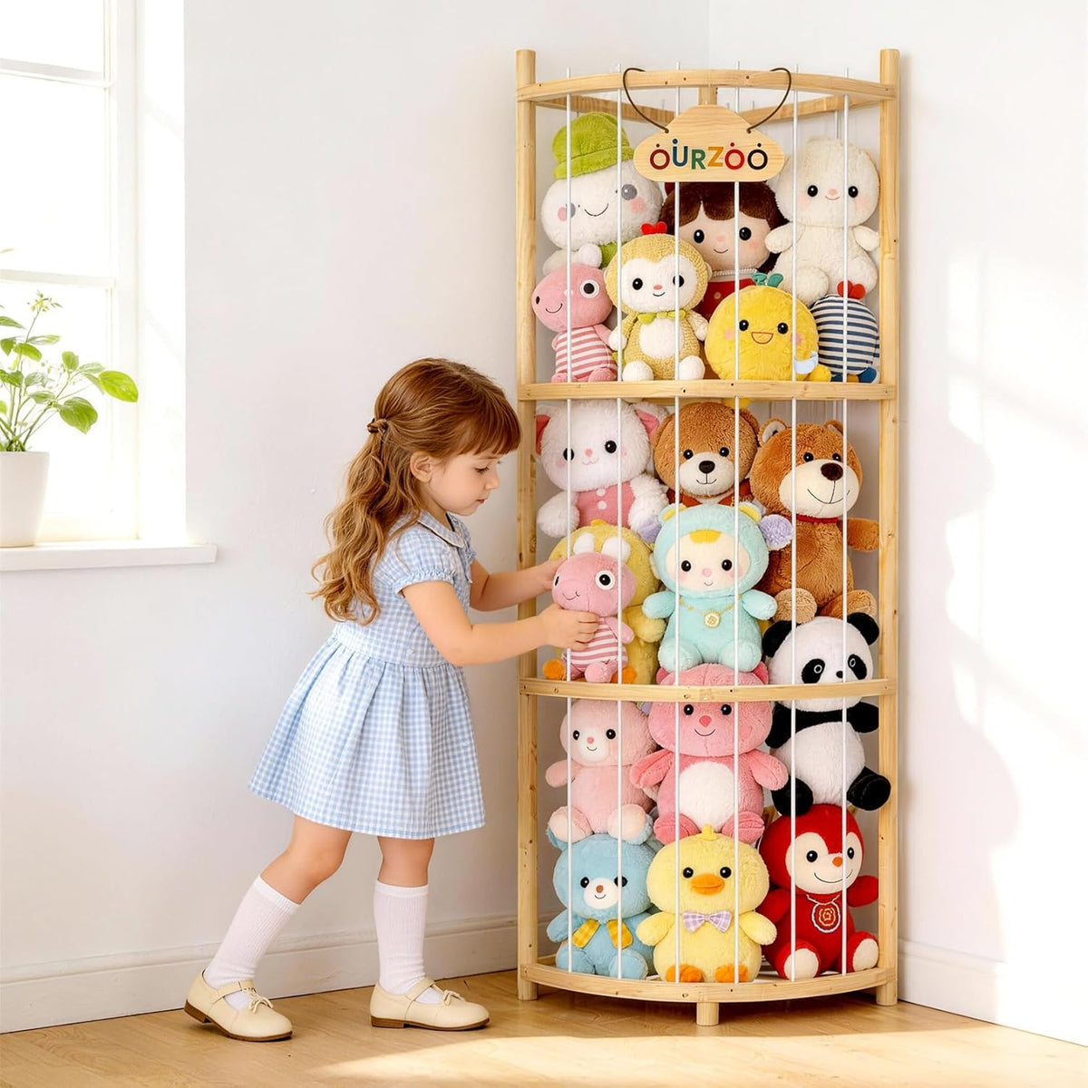 Wooden Corner Stuffed Animal Storage Organizer Tower with Stability Strap