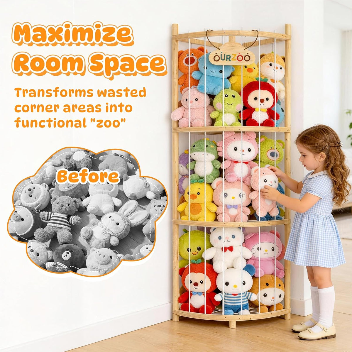 Wooden Corner Stuffed Animal Storage Organizer Tower with Stability Strap