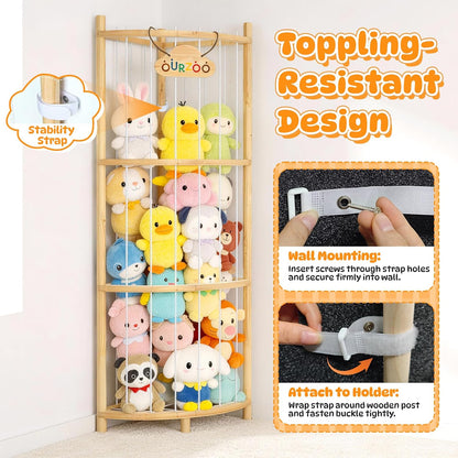Wooden Corner Stuffed Animal Storage Organizer Tower with Stability Strap