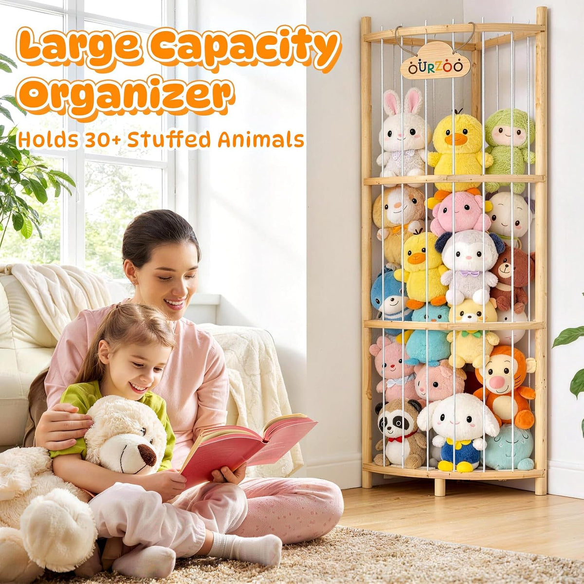 Wooden Corner Stuffed Animal Storage Organizer Tower with Stability Strap