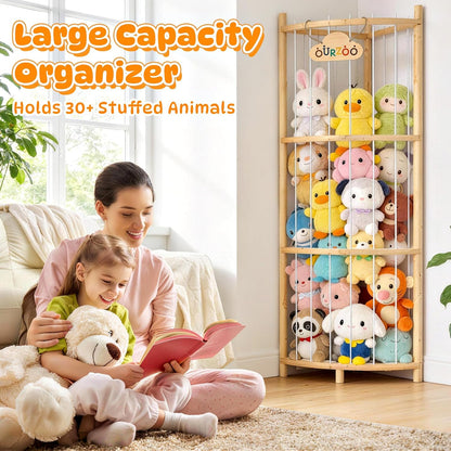 Wooden Corner Stuffed Animal Storage Organizer Tower with Stability Strap