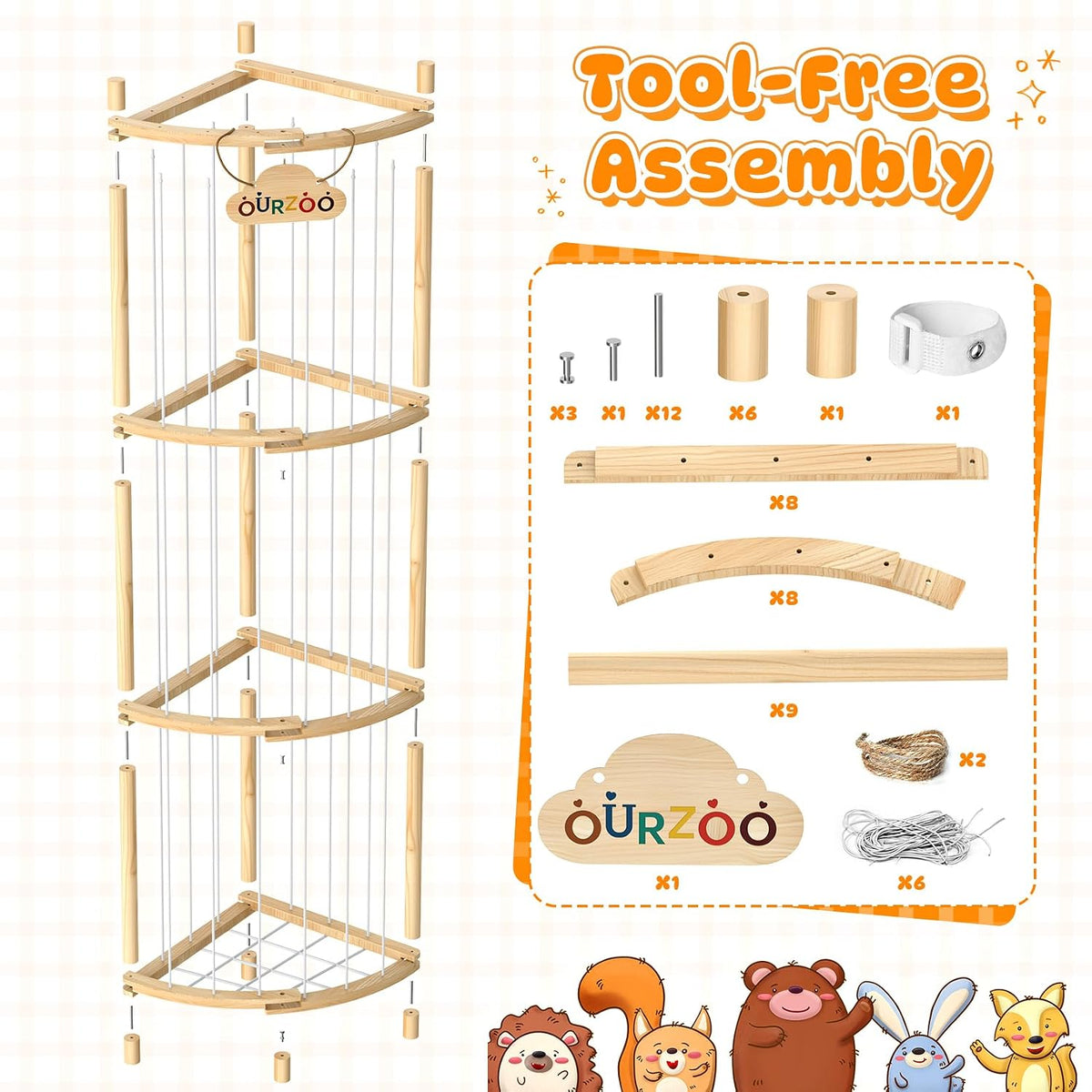 Wooden Corner Stuffed Animal Storage Organizer Tower with Stability Strap