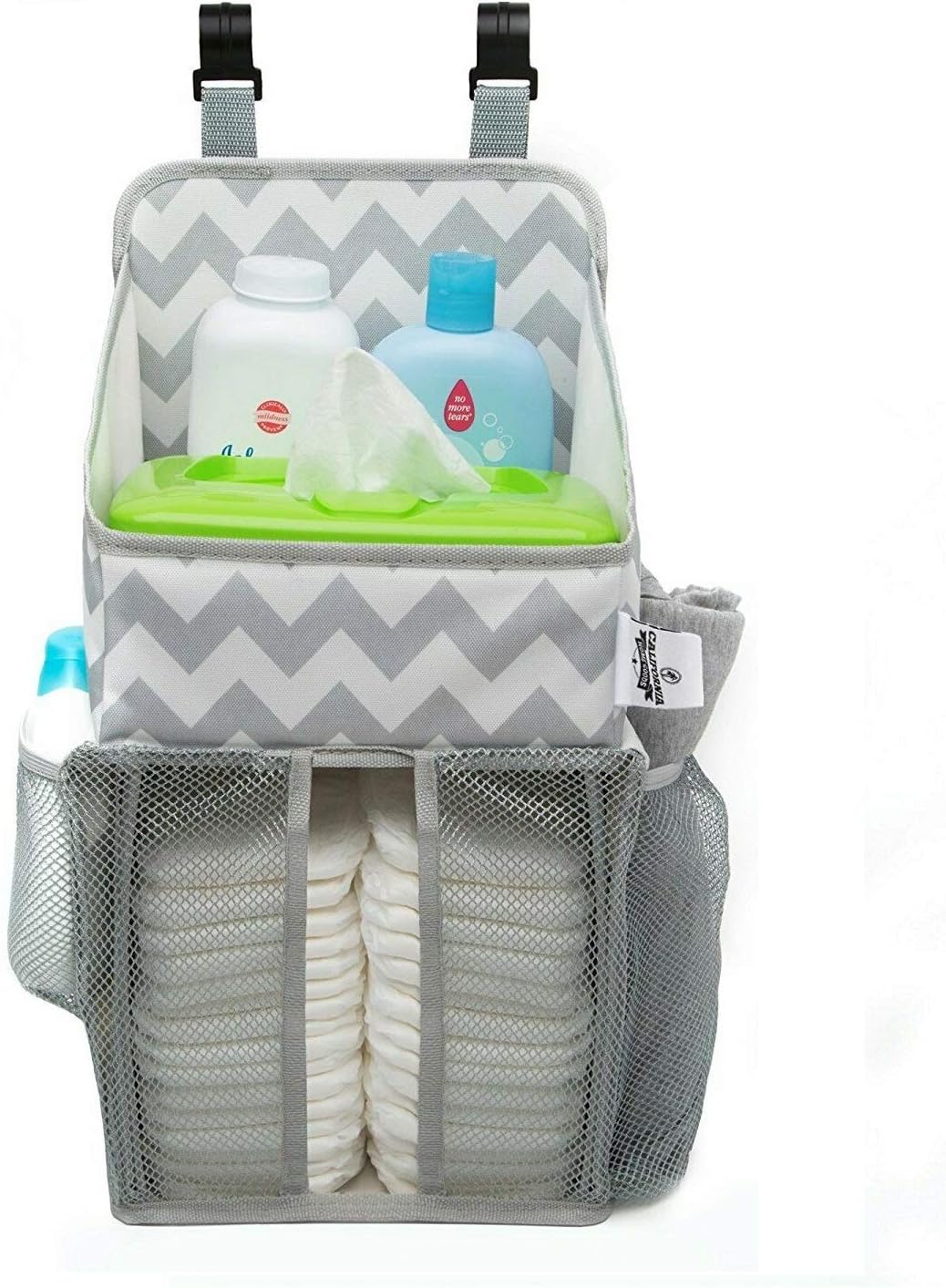 Chevron Pattern Diaper Caddy and Nursery Organizer for Newborn Baby Essentials, Hang on Crib, Baby Bed. Changing Table or wall. Multiple Pockets to Store Wipes, Creams, Lotions, Toys and more.