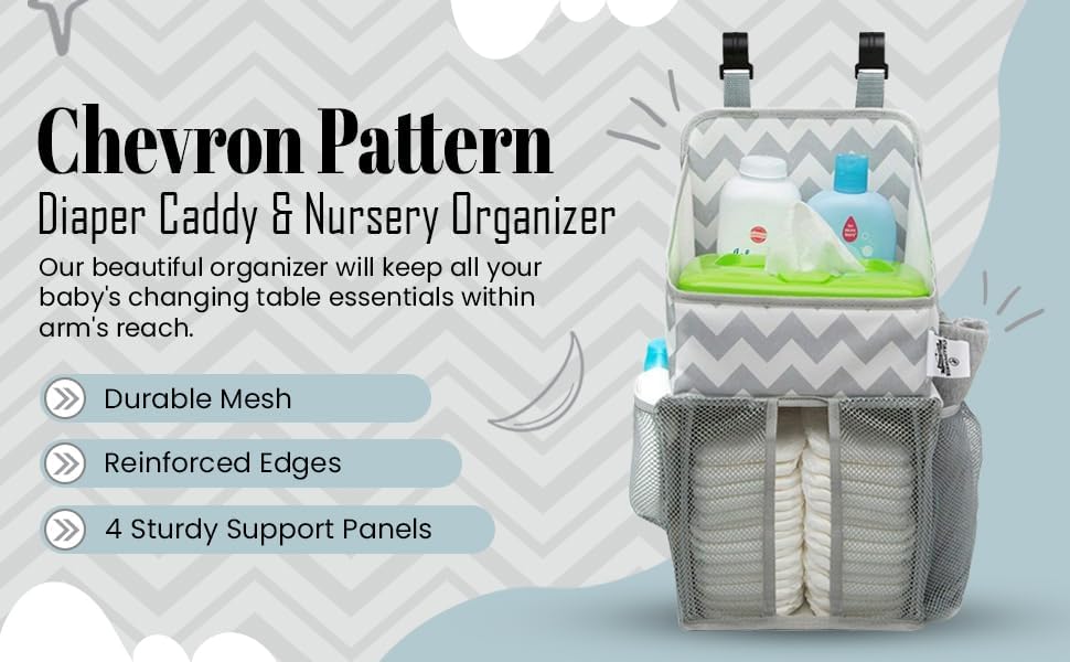 Chevron Pattern Diaper Caddy and Nursery Organizer for Newborn Baby Essentials, Hang on Crib, Baby Bed. Changing Table or wall. Multiple Pockets to Store Wipes, Creams, Lotions, Toys and more.