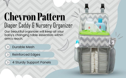 Chevron Pattern Diaper Caddy and Nursery Organizer for Newborn Baby Essentials, Hang on Crib, Baby Bed. Changing Table or wall. Multiple Pockets to Store Wipes, Creams, Lotions, Toys and more.