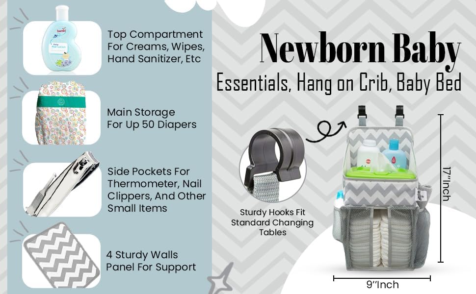 Chevron Pattern Diaper Caddy and Nursery Organizer for Newborn Baby Essentials, Hang on Crib, Baby Bed. Changing Table or wall. Multiple Pockets to Store Wipes, Creams, Lotions, Toys and more.