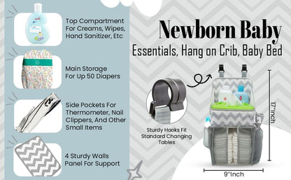 Chevron Pattern Diaper Caddy and Nursery Organizer for Newborn Baby Essentials, Hang on Crib, Baby Bed. Changing Table or wall. Multiple Pockets to Store Wipes, Creams, Lotions, Toys and more.