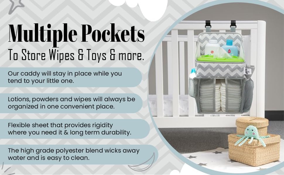 Chevron Pattern Diaper Caddy and Nursery Organizer for Newborn Baby Essentials, Hang on Crib, Baby Bed. Changing Table or wall. Multiple Pockets to Store Wipes, Creams, Lotions, Toys and more.