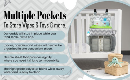 Chevron Pattern Diaper Caddy and Nursery Organizer for Newborn Baby Essentials, Hang on Crib, Baby Bed. Changing Table or wall. Multiple Pockets to Store Wipes, Creams, Lotions, Toys and more.