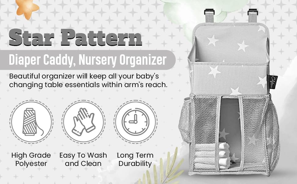 Chevron Pattern Diaper Caddy and Nursery Organizer for Newborn Baby Essentials, Hang on Crib, Baby Bed. Changing Table or wall. Multiple Pockets to Store Wipes, Creams, Lotions, Toys and more.