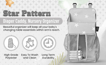 Chevron Pattern Diaper Caddy and Nursery Organizer for Newborn Baby Essentials, Hang on Crib, Baby Bed. Changing Table or wall. Multiple Pockets to Store Wipes, Creams, Lotions, Toys and more.