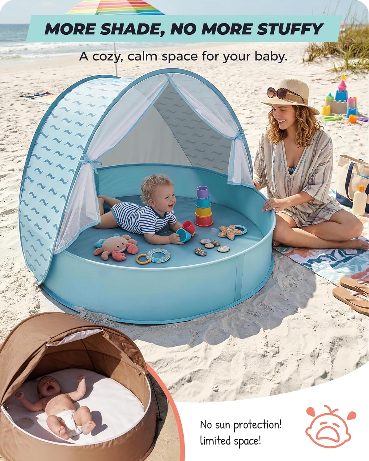 Pop-Up Baby Beach Pool Tent with Mat, Mosquito Net, Detachable Canopy